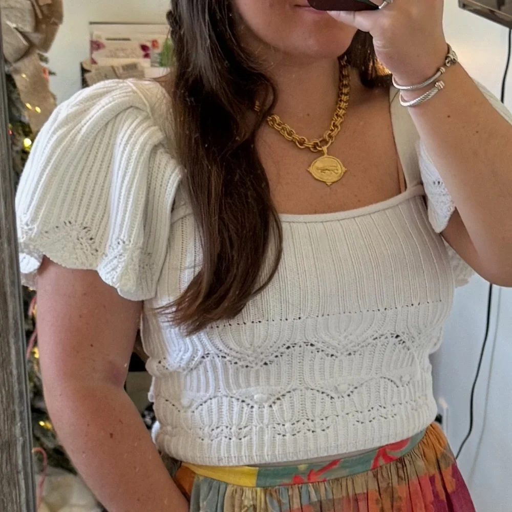 Zara White Puff Sleeve Ribbed Blouse - Picture 1 of 3